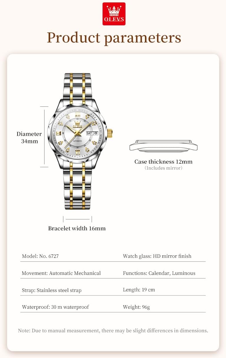 OLEVS Womens Watches Casual Modern Diamond Automatic Mechanical Ladies Self Winding Dress Two Tone Wrist Watch Date Day - Image 6