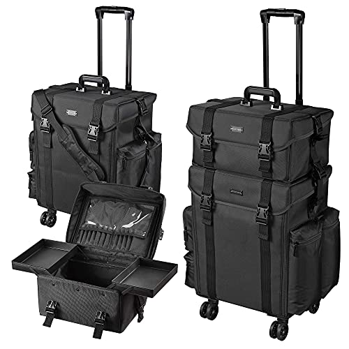 Byootique Classic Black 2in1 Soft Sided Rolling Makeup Case Freelance Makeup Artist Cosmetic Organize Storage Travel Train Case