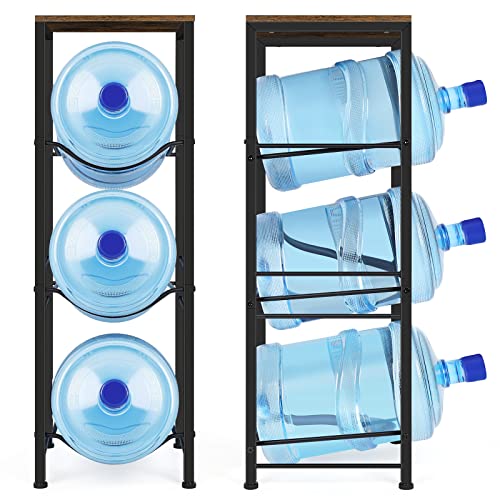 5 Gallon Water Jug Holder 3-Tiers Water Dispenser Stand Rack, Water Bottle Organizer with Storage Shelves for Kitchen Living Room Office, Rustic Brown