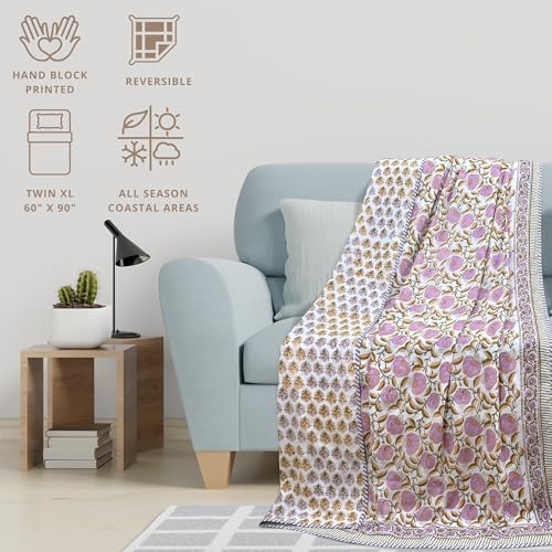 Image of TOAIArt Premium Jaipuri Dohar | AC Blanket Summer Quilt | Hand Block Printed | 3 Layers | Reversible | 150GSM 100% Mulmul Cotton | 100% Cotton Flannel Filling | Single 60 inch X 90 inch|Round Florals Leaves