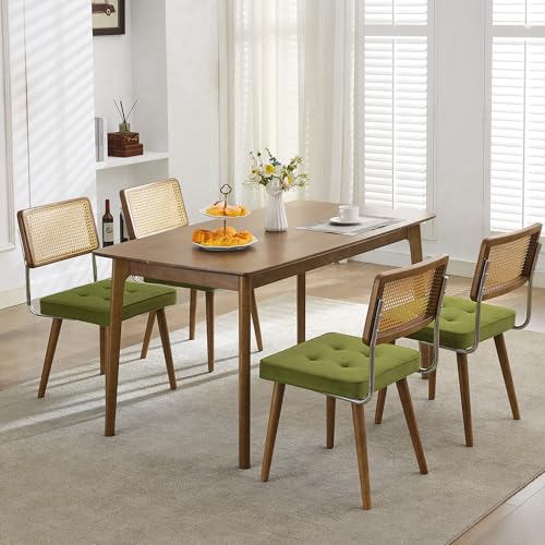 ElfinAura Natural Rattan Dining Chairs Set of 4, Modern Boho Kitchen Chairs with Wood Back & Legs, Upholstered Seat, Ideal for Kitchen or Dining Room, Velvet Green