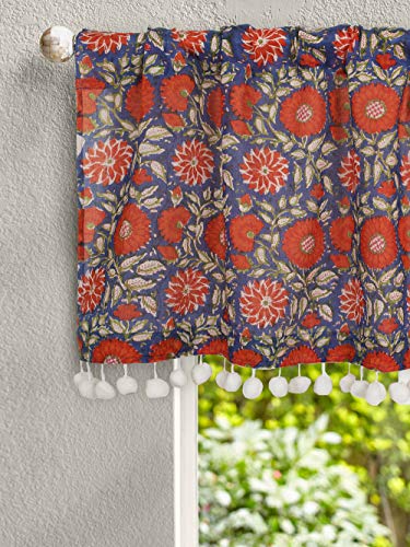 Image of Ravaiyaa - Attitude is everything Cotton Hand Block Printed Floral Design Short Drapery Valance Curtain for Kitchen /Laundry Room /Studio 40 inch X 18 inch Inch (Blue)
