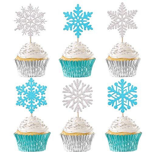 24 Pack Glitter Snowflake Cupcake Toppers and Picks - Winter Frozen Cake Decorations for Christmas, Baby Shower, Kids Birthday Party Supplies - Light Blue/Silver
