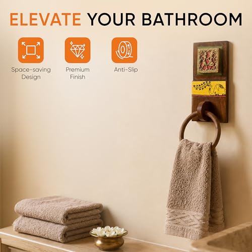 Image of Aakriti Art Creations Art Fusion Wooden Towel Holder | Yellow Elephant Towel Hanger | Handcrafted Dhokra Madhubani Inspired Towel Holder | Matte Finish Natural Wall Mounted