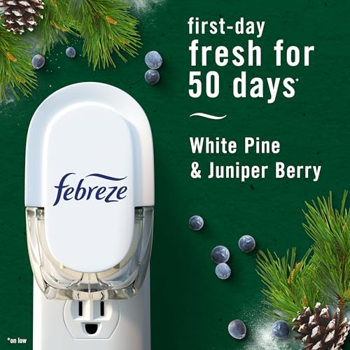 Image of Febreze Plug in Air Freshener, Odor-Fighting Scented Oil Refill, for Home, Bathroom, & Kitchen, Long Lasting, Limited Edition Holiday Winter Pine and Juniper Berry Scent, 0.87oz Refills, 4 Count