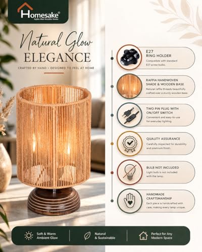 Image of Homesake Natural Weave Rope Table Lamp | Handcrafted Boho Bedside Light with Wooden Base | Warm Ambient Home Decor, Livra Collection, Lighting & Office Decor Light
