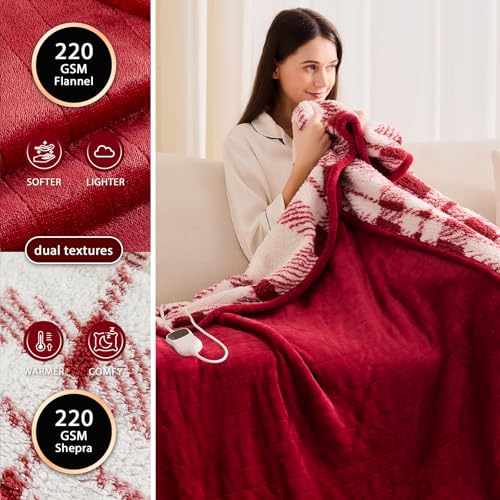 JKMAX Heated Electric Blanket Queen Size - 84"x90" Flannel Heating Blanket with 10 Heating Levels & 5 Time Settings Over-Heat Protection, Winter Warmer for Adults with ETL Certification(Red)