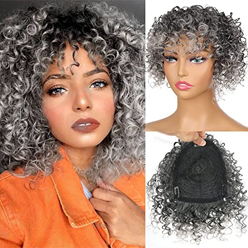 LEOSA Short Ashy Grey Afro Kinky Curly Hair Pieces for Women Synthetic Hair Toppers Bangs Clip in Hair Extensions Curly