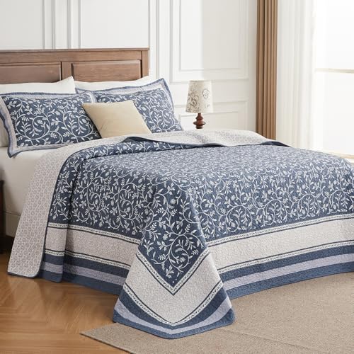 QuiltEase Oversized Queen Bedspread - 120" Lx102 W Extra Wide - 100% Cotton Lightweight Vine Botanical California Quilt Sets - Reversible Super Bed Coverlet Set - Grayish-Blue/Light Gray — view 3