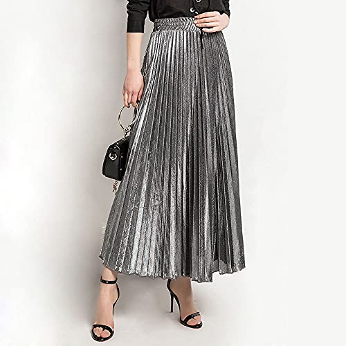 ebossy Women's Casual Elastic High Waist Metallic Pleated Long Skirt Solid Party Flowy Midi Skirt3