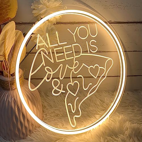 Image of All You Need Is Love &Pizza Neon Sign For Wall Decor 3D Art Carving Design Indoor Bedroom Led Neon Signs Backdrop Flex Christmas Party Business Room Shop Window Birthday Gift(Warm White,USB,30x30CM)