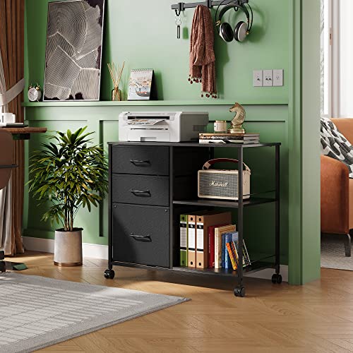 Devaise 3 Drawer Mobile File Cabinet, Rolling Printer Stand With Open Storage Shelf, Fabric Lateral Filing Cabinet Fits A4 Or Letter Size For Home Office, Black #TOP1