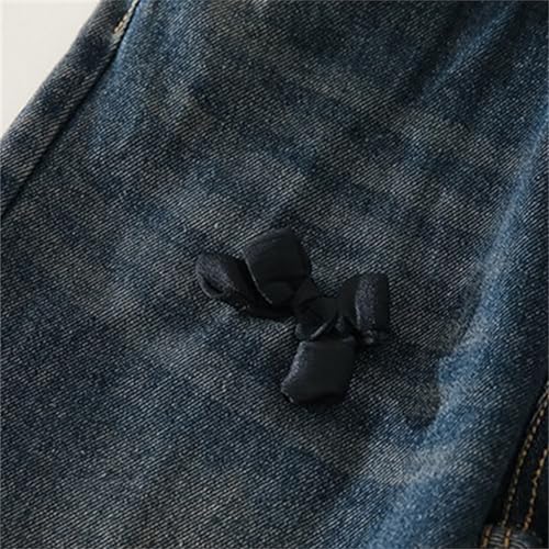 Girls Jeans 3D Satin Bow Loose Denim Pants Ripped Elasticated Waist Retro Style Denim Pants with Pocket Wide Leg Pants3