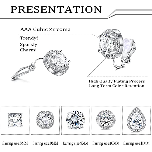 FASACCO 5Pairs Clip on Earrings for Women Non Pierced Diamond CZ Earrings Comfortable Silver Clip Earrings for Wedding and Dance Competitions Hypoallergenic2