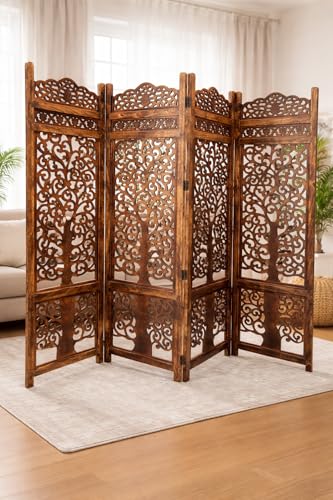 Image of Wooden Handcrafted Wooden Partition for Room Carved Premium Carved Wooden Partition Screen for Bedroom /Living Room /Home /Office (6 Feet 4 Panel New Tree Design) (6 Feet 4 Panel Brown)