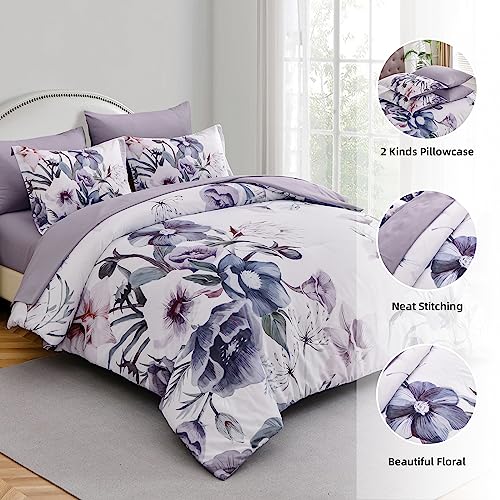 Luxudecor Floral Comforter Set Queen Size 7 Piece, Purple Flower Bed in a Bag, Elegant Floral Comforter with Sheet Set, Soft Microfiber Bedding Set for All Season (Purple, 90"x90") - Image 7