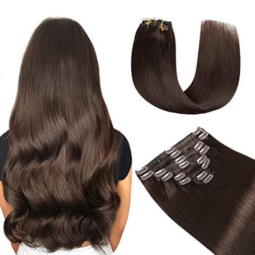 YILITE Clip in Extensions Echthaar 50cm 100% Echthaar Extensions Clip 20 Zoll 8 Stück 120g Unsichtbar Glatt Zum Anklippen Menschenhaar Doppelt Genäht (50cm #2 Dunkel Braun)