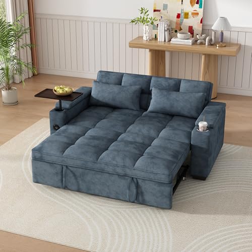 Image of Dreamzie 65'' Convertible Sleeper Sofa Bed with 90 Swivel Side Table, Chenille Pull Out Couch for Living Room, Loveseat Sleeper with Hidden Storage Space | Charging Port | Cup Holders, Blue