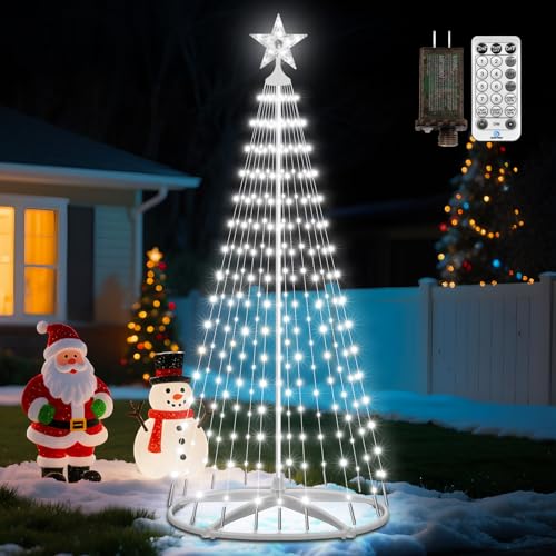 6ft Pre Lit Christmas Tree with 250 Cool White LEDs - Outdoor Indoor Artificial Xmas Tree with Remote Control, 12 Modes, 3 Timer Settings, IP65 Waterproof Holiday Decor for Yard, Garden, Patio