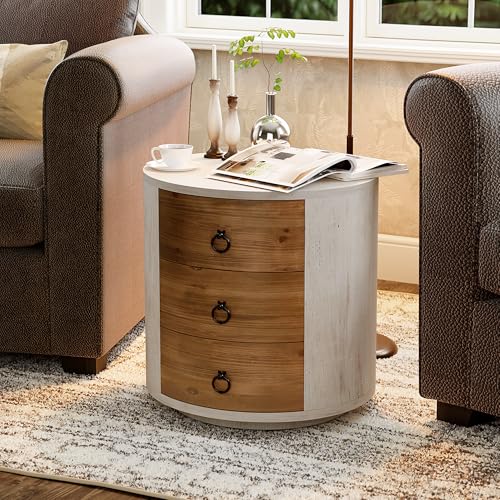 Image of SUNBURY End Table Living Room Small Side Table w 3 Drawers, 20 inch Vintage Bedside Table, Farmhouse Nightstand Small Dresser for Bedroom, Lightweight MDF Accent Nightstand