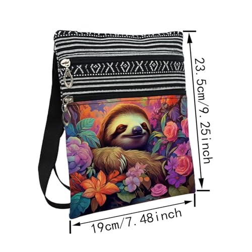 Floral Sloth Messenger Bag Small Ethnic Pattern Printed Adjustable Strap Crossbody Zipper Bag Floral Sloth Phone Bag Wallet Cute Shoulder Handbag for Women2