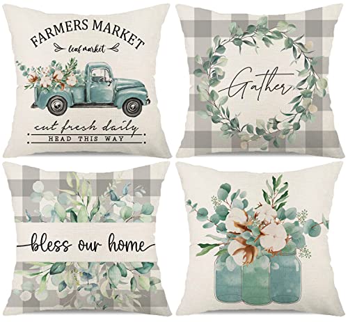 Kithomer Buffalo Plaid Eucalyptus Leaves Pillow Covers 18X18 Set Of 4 Spring Farmhouse Quotes Decorations Truck Vase Bless Our Home Linen Cushion Case Gifts For Home Decor(Blue) #TOP9