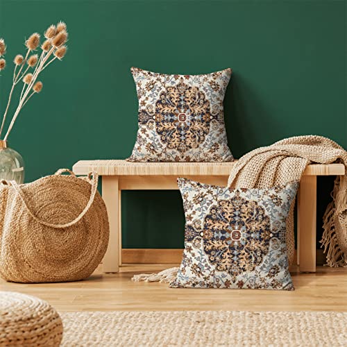 Aeioae Boho Pillow Covers 20X20 Inch Set Of 2,Carpet Pattern Throw Pillows Case,Navy Blue Brown Ethnic Design Outdoor Decorative Square Linen Farmhouse Decor Cushion Covers For Home Sofa Bed Couch #TOP1