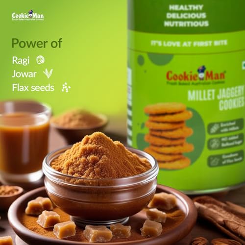 Image of CookieMan Millet Jaggery Cookies - 200g | Multigrain Biscuits with Atta, Ragi, Millets, Flax Seeds & Sesame Seeds | Healthy, Nutritious Snack, Guilt-Free Treat (Pack of 3)