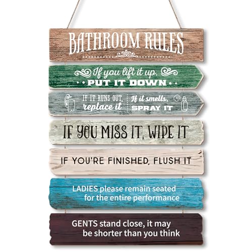 Ovveroche Western Bathroom Rules Bathroom Wall Decor, Wooden Farmhouse Hanging Bathroom Decor Wall Art Funny Bathroom Signs Toilet Guest Bathroom Decorations Multicolor