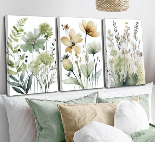 3Pcs Sage Green Botanical Canvas Wall Art Minimalist Flower Boho Floral Painting Picture Wall Decor Posters Prints Artwork For Living Room Bedroom Office Kitchen Home Decoration — view 5