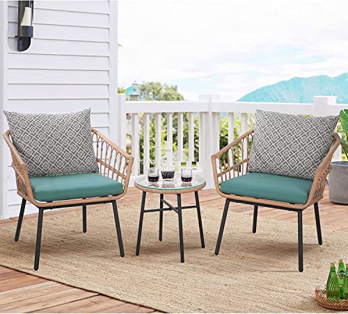 SWISH WEAVERS 3 Piece Patio Bistro Set Outdoor Furniture All-Weather Wicker Conversation Set with Tempered Coffee Table and Wicker Chairs for Garden Balcony Backyard Yard Poolside (Green)