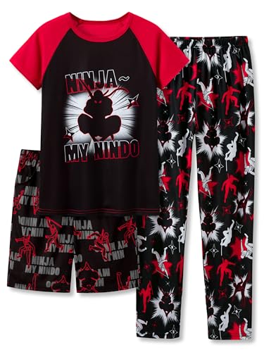 Beezizac Pajamas For Little Big Boys Cozy 3-Piece Soft Short Sleeves Shorts Set & Pants Cool PJ Kid Size 6-18