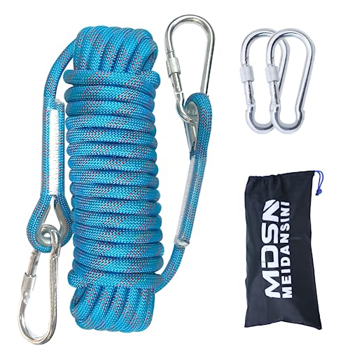 Meidansini Kletterseil, 12mm Outdoor Sicherheitsseil Nylon Seil Statisches Kletterseil mit 2 Karabinern Rettungsseil, Klettern Sicherheitsseil für Campin Wandern Abseilen Sport 10M /15M /20M