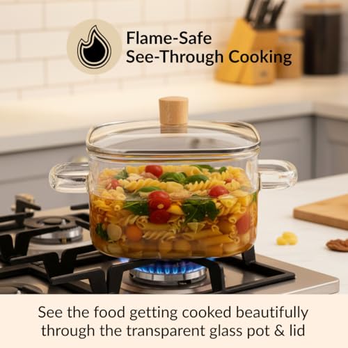 Image of Nestasia Borosilicate Glass Cooking Pot with Glass Lid (2200 ml) - Square Casserole with Air Vent Lid on Gas Stove | Microwave & Dishwasher Safe Durable Handi for Kitchen