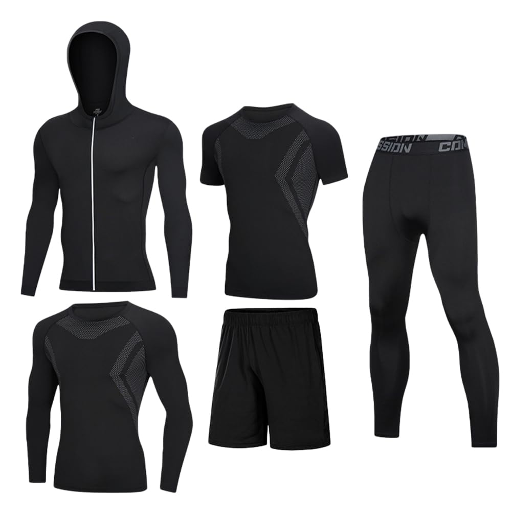 GUOCU Męska odzież gimnastyczna ubrania do biegania 5 szt. zestaw odzieży sportowej fitness sportowy zestaw bielizny kompresyjnej dres z koszulą z krótkim rękawem top + bluza z kapturem + legginsy +