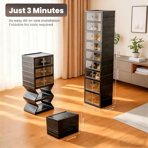 Image of Foldable Shoe Organizer Storage Box Set of 6, Portable Extra Large Folding Shoe Rack for Closet, Shoe Storage Box with Magnetic Transparent Door and Wheels, 9 Layers 18 Grids with 4 Big Grids