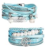 Milacolato 2 Stück Lederarmband Damen Boho Multilayer Baum Leder Armband Wrap Ledermanschettenarmbänder Grau Braun Schwarz Blau Magnetschnalle Armreifen Schmuck Geschenk Für Mutter Freunde
