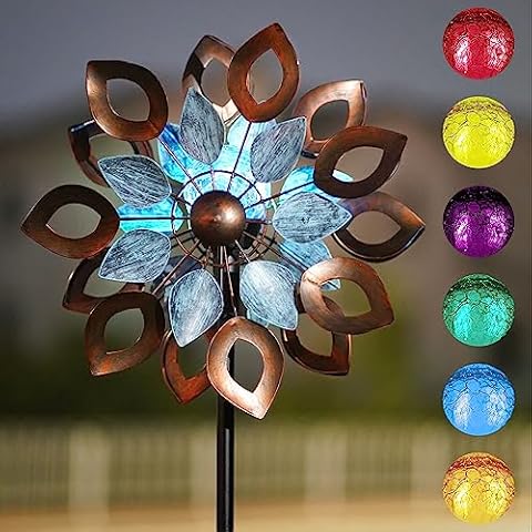 Cyan Oasis Copper Wind Spinners Outdoor 74 Inches with Solar LED Light, Kinetic Dual Wind Sculptures & Spinners for Yard Lawn Garden Decor, Large Metal Clearance Windmill with Bronze Leaf Cover