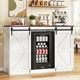 Lamtor Coffee Bar Cabinet with Storage - 53" Farmhouse Coffee Bar with Barn Doors, Mini Fridge Cabinet with Power Outlet for Kitchen Dining Room Living Room, White