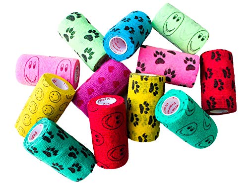 Prairie Horse Supply 4 Inch Vet Wrap Tape Bulk (Assorted Paw Prints and Patterns) (Pack of 12) Self Adhesive Adherent Adhering Flex Bandage Rap Grip Roll for Dog Cat Pet