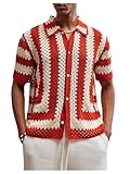 BEAUDRM Men's Striped Knit Shirts Short Sleeve Button Down Shirt Crochet Hollow Out Summer Beach Top Vintage Vacation Wear Red and White Medium