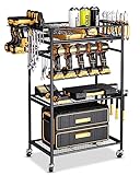 FHXZH Power Tool Organizer with Wheels - 8 Cordless Drill Holder Rolling Tool Cart, 4 Layer Heavy Duty Metal Garage Storage Shelving for Drill, Workshop and Garage Organization