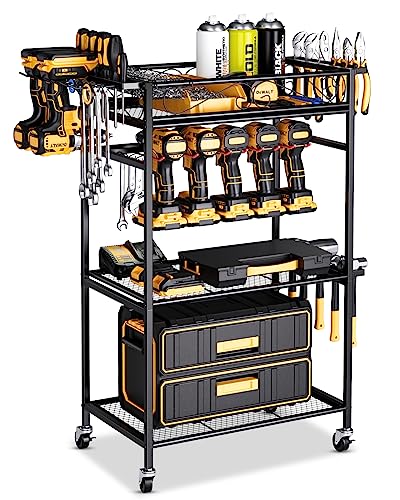 FHXZH Power Tool Organizer with Wheels - 8 Cordless Drill Holder Rolling Tool Cart, 4 Layer Heavy Duty Metal Garage Storage Shelving for Drill, Workshop and Garage Organization