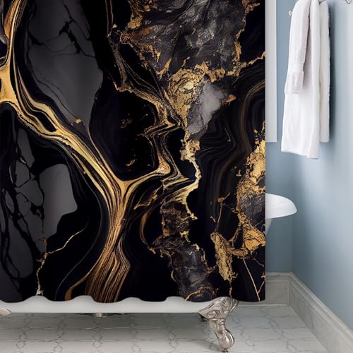 Xiaoterna Marble Shower Curtain Abstract Black Gold Marble Bathroom Curtain Gold Powder Sparkling Modern Luxury Marble Shower Curtain Machine Washable Waterproof Fabric 150x200cm - Image 4