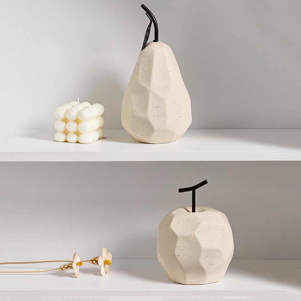 MIWAN TRIBE 2PCS Handcrafts Ceramic Apples and Pears Ornament Set, Modern Ceramic Fruit Ornaments, Interior Art Figurines for Table Décor, Fruit Crafts for Shelf, Off-White