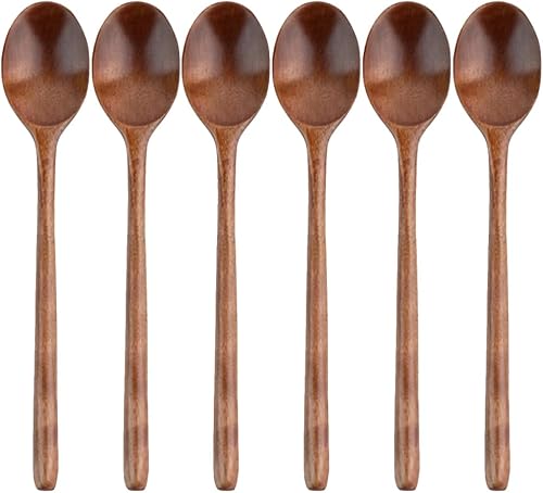 Cucharas de madera, 6 cucharas de sopa de madera de 9 pulgadas para comer, mezclar, agitar, cuchara de mango largo con utensilio de cocina de estilo
