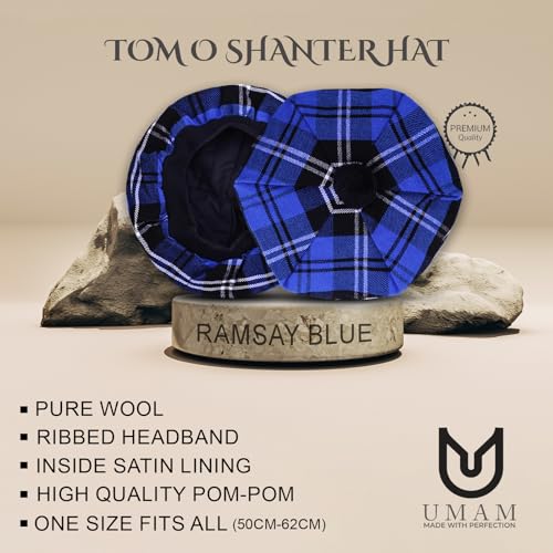 Image of Scottish Tam O' Shanter Hat Tartan Bonnet Pom Pom Wool Flat Cap One Size