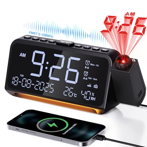 Mesqool Radio Despertador Proyector de Techo con Proyector de 320°, Modo día laborable/Fin de Semana, 2 Alarmas, Cargador USB Tipo C, FM, Regulador de Intensidad, Temperatura, Humedad, Snooze, 12/24H