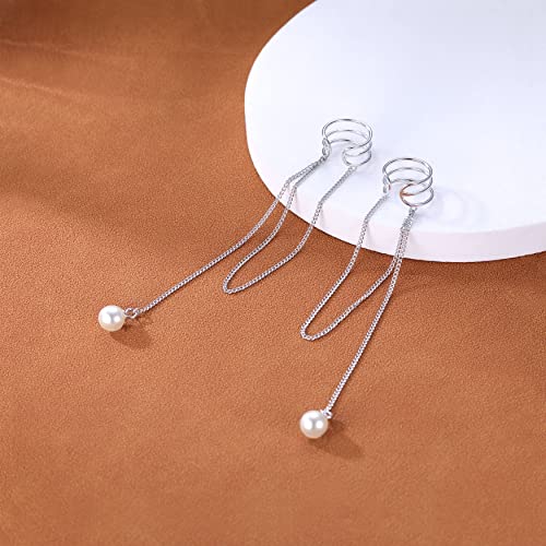 Sluynz 925 Sterling Silver No Piercing Cuff Earrings Chain For Women Teens Wrap Earrings Pearl Tassel Clip On Ear (A-Silver1) #TOP4