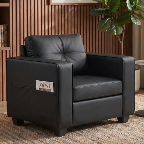 Black Faux Leather Accent Chair Oversized Tufted Armchair for Living Room